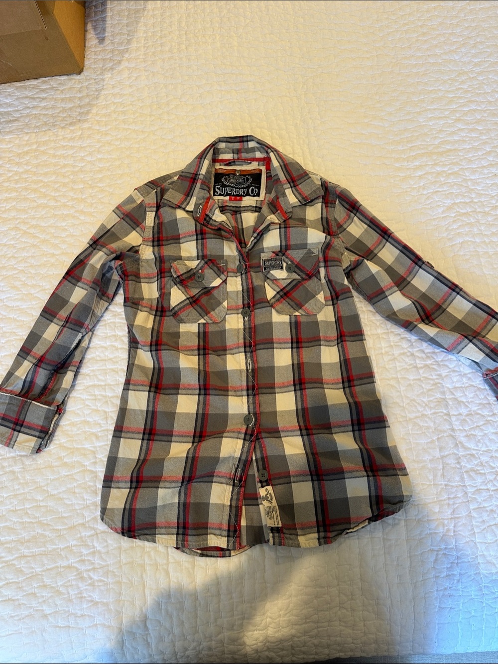 Superdry Plaid Button-Down Shirt Jacket - Gray, Red, Cream